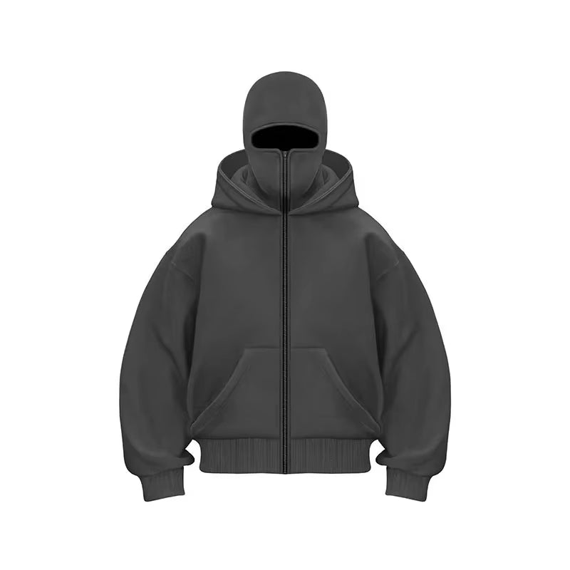 Men'S Double Hat Mask Zipper Design Winter Windproof Hoodie Sports Jacket Outdoor Activities Hiking Travel Running Sweatshirt ﻿